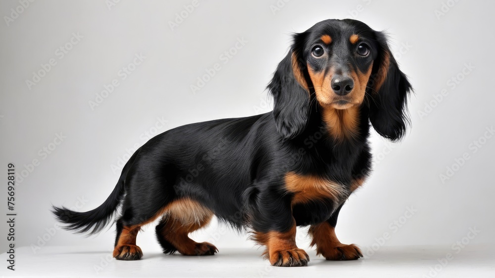 Black and tan long haired dachshund dog on grey background