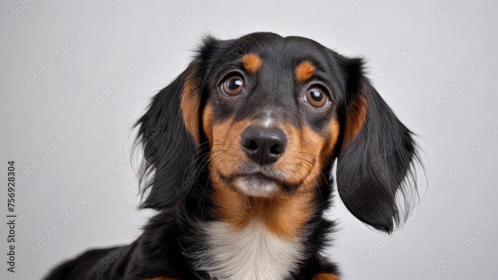 Portrait of Black and tan long haired dachshund dog on grey background Portrait of Black and tan long haired dachshund dog on grey background