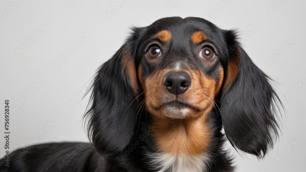 Portrait of Black and tan long haired dachshund dog on grey background Portrait of Black and tan long haired dachshund dog on grey background