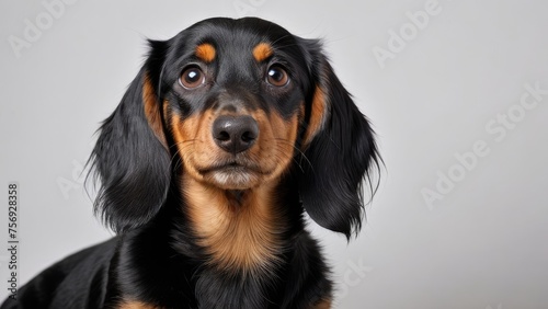 Portrait of Black and tan long haired dachshund dog on grey background