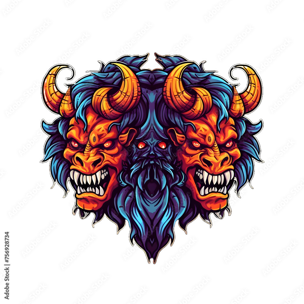 Two-Headed Orc Warlord Mascot Isolated on Transparent Background. Monster Warrior Chieftain Emblem. Scary Monster Illustration for T-shirt Design