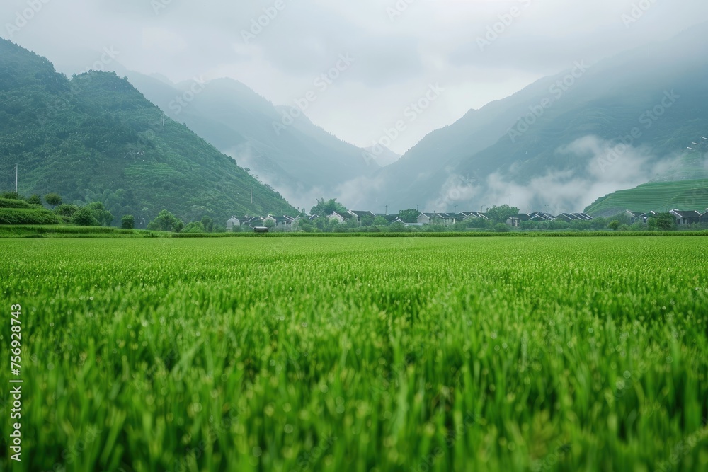 Empty green field Chinese village on background.