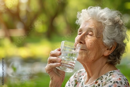 Old elderly woman enjoying a glass of water to hydrate herself with fresh air of a park on summer
