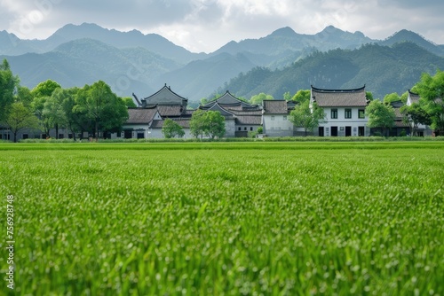 Empty green field Chinese village on background.