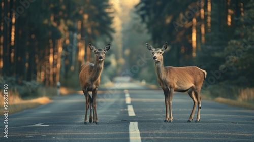 Deers standing on the road near forest at early morning or evening time. Road hazards, wildlife and transport.