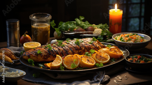 Roasted fish with lemon under a candlelight