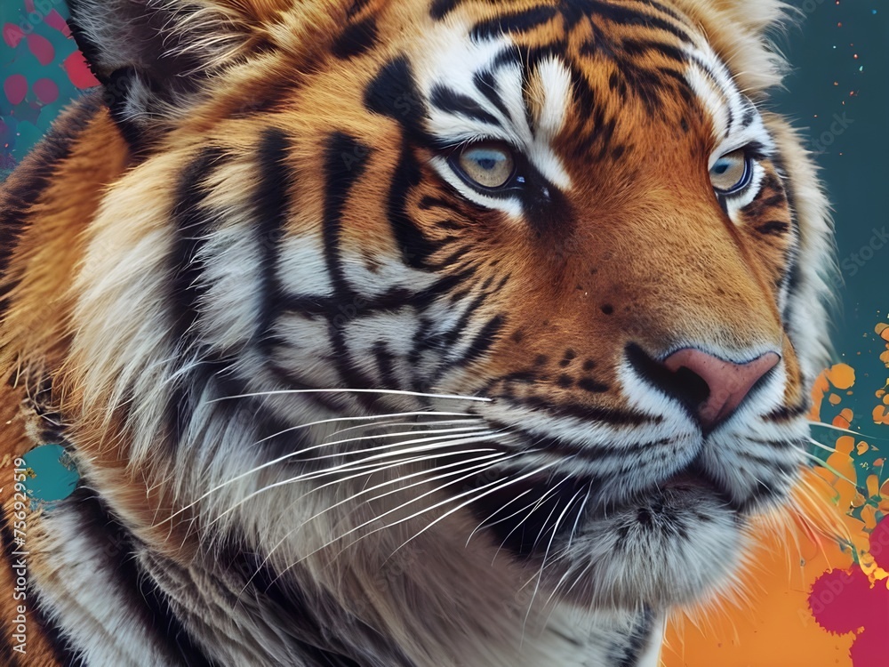 Fototapeta premium Captivating, high-quality image for the internet in 2024 featuring a detailed and vibrant tiger. Integrate trending or culturally relevant elements, emphasizing colors, composition Generative AI