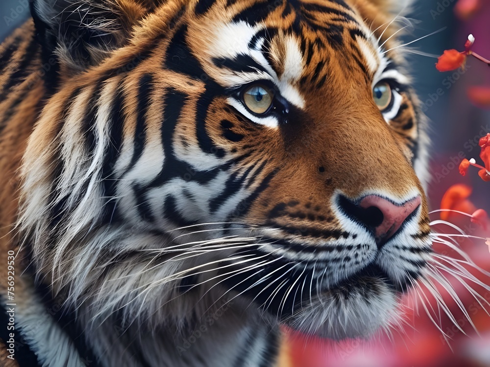 Fototapeta premium Captivating, high-quality image for the internet in 2024 featuring a detailed and vibrant tiger. Integrate trending or culturally relevant elements, emphasizing colors, composition Generative AI