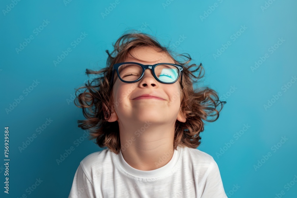 Portrait of a little boy in glasses on a blue background. Portrait of a little boy in glasses on a blue background.