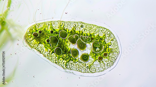 Microscopic view of Chlorophyta algae cell, highlighting vibrant chloroplasts and cellular structures.