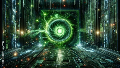 A detailed scene showcasing a close-up of a cyberspace portal, glowing with vibrant green and black energy, leading to an unknown digital dimen. photo