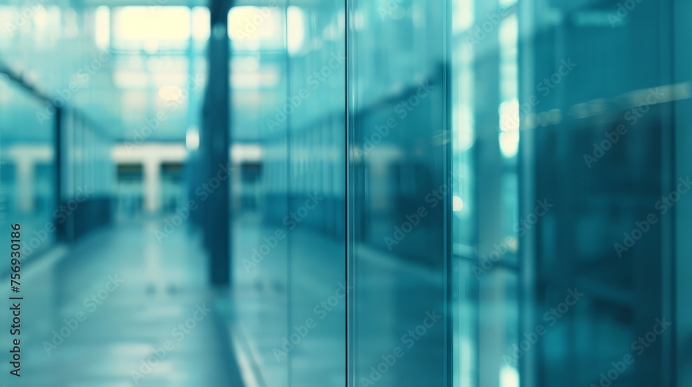 Blurred glass wall of modern business office building at the business center use for background in business concept.  .   Abstract windows with a blue tint.