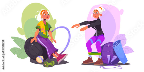 Senior people doing sports at home or in gym. Cartoon vector illustration set of elderly woman doing exercises with fitness ball and resistance band. Old lady active and healthy lifestyle and care.