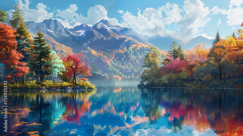Summer in Japan mountain lakes colorful trees, generative ai