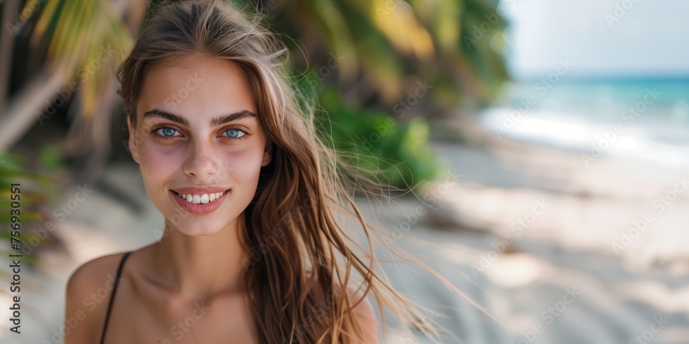 Smiling young attractive woman posing looking at the camera at the beach wearing a swim suit Smiling young attractive woman posing looking at the camera at the beach wearing a swim suit