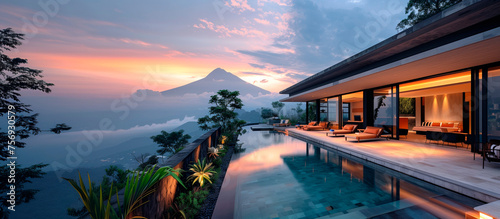 Image captures the serene beauty of dusk at a luxurious villa featuring a sleek infinity pool that reflects the vibrant sky, with a majestic volcano in the backdrop. Infinity Pool with Volcanic View © foxyburrow