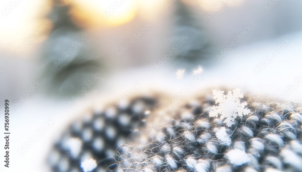 Close-up of snowflakes landing on a woolen scarf or gloves, with a snowy landscape blurred in the background. - obrazy, fototapety, plakaty 