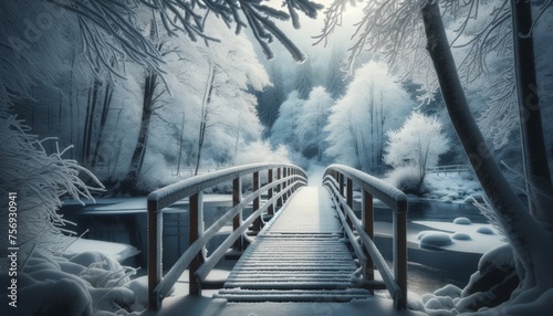 Medium shot of a snow-covered footbridge over a frozen creek, with frosted trees framing the scene. photo