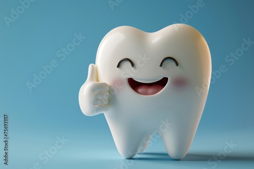 3D rendered happy white tooth character giving thumbs up