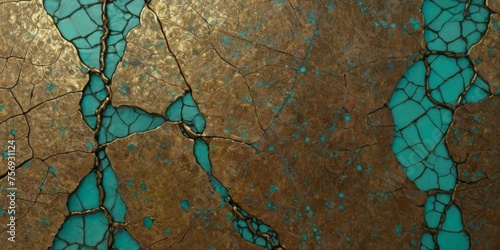 Cracked teal patterns of verdigris on a bronze surface. Hint of kintsugi art