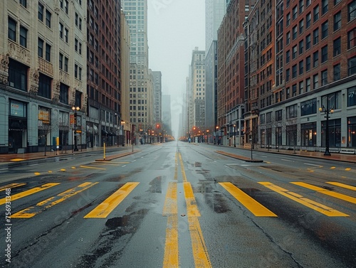 Panoramic view of empty streets in a downtown area resembling Chicagos architecture. © Atchariya63