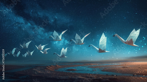 Fototapeta Naklejka Na Ścianę i Meble -  Origami swans taking flight in a desert under a vast starry night sky.