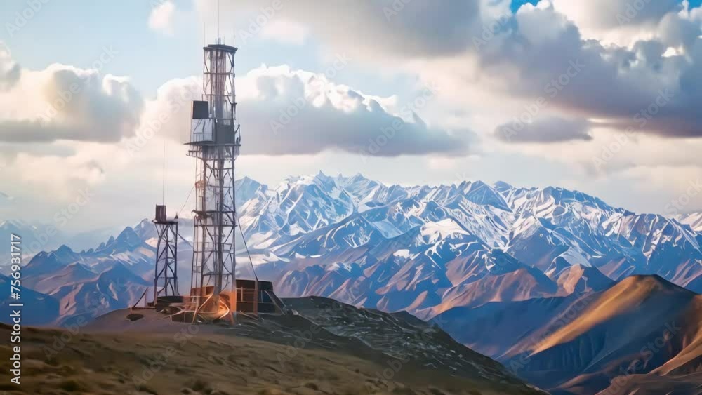 cell tower high in the mountains. installation of cellular networks in the most inaccessible places. Generative AI
