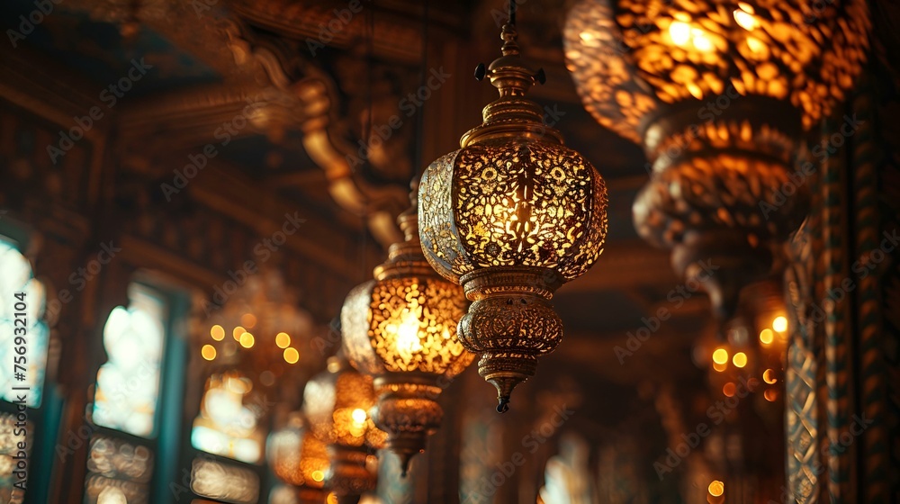 decoration of Ramadan Kareem and Eid Mubarak with lanterns background
