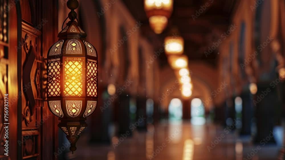 A Ramadan lantern hanging on a mosque with a long corridor at the back Loop A Ramadan lantern hanging on a mosque with a long corridor at the back Loop