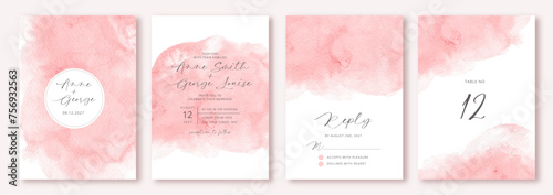 wedding invitation set with abstract pink watercolor background