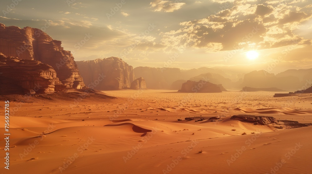 Fototapeta premium The sun dips below the horizon, casting a golden glow over the sweeping sand dunes and majestic rock formations of a tranquil desert landscape, evoking a sense of peace and the vastness of nature.