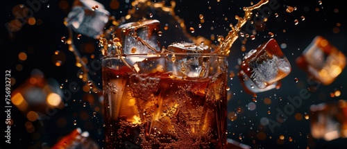 dynamic close-up of cola splashing over the brim of a glass, with ice cubes tumbling and sparkling bubbles rising, capturing the lively spirit and refreshing essence of a popular fizzy beverage