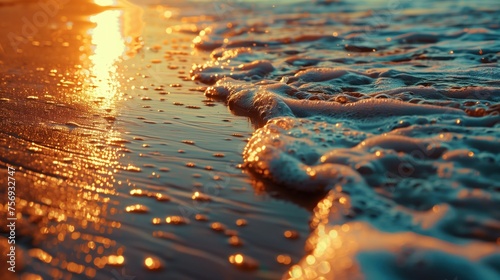 Golden Hour Tide, A serene beach scene captured at sunset with waves gently lapping at the shore, reflecting the stunning golden light of the setting sun