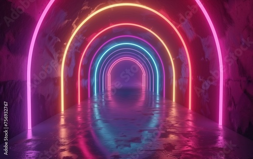 Neon Passage, A mesmerizing corridor illuminated by arches of neon lights, creating a captivating tunnel that seems to stretch into infinity, symbolizing a futuristic path to the unknown.