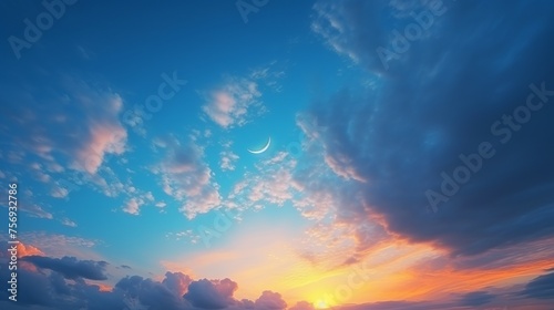 Celestial spectacle: The moon amidst bright clouds during a sunset, capturing the allure of a new moon against the backdrop of a blue sky. © Elchin Abilov