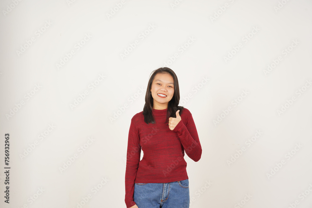 Young Asian woman in Red t-shirt Showing Thumb Up, Agree Concept isolated on white background Young Asian woman in Red t-shirt Showing Thumb Up, Agree Concept isolated on white background