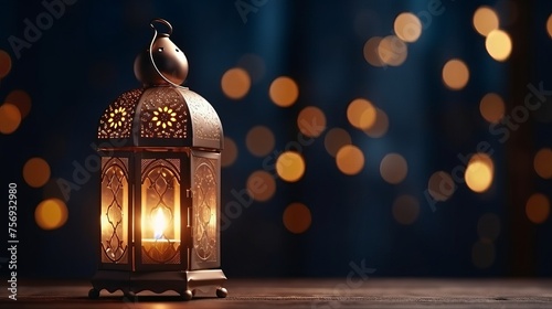 Decorative Arabic lantern adorned with a glowing candle, creating a festive ambiance for Ramadan Kareem.