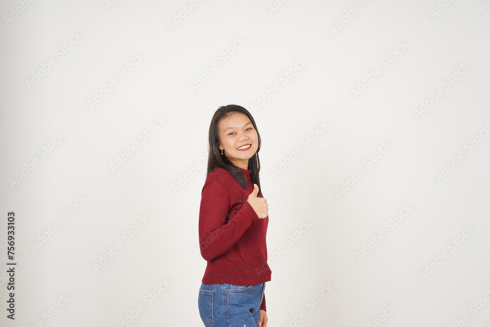 Young Asian woman in Red t-shirt Showing Thumb Up, Agree Concept isolated on white background Young Asian woman in Red t-shirt Showing Thumb Up, Agree Concept isolated on white background