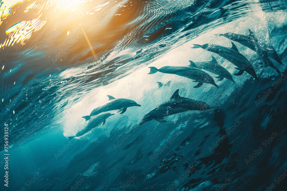 a flock of dolphins under water with sunlight passing through 