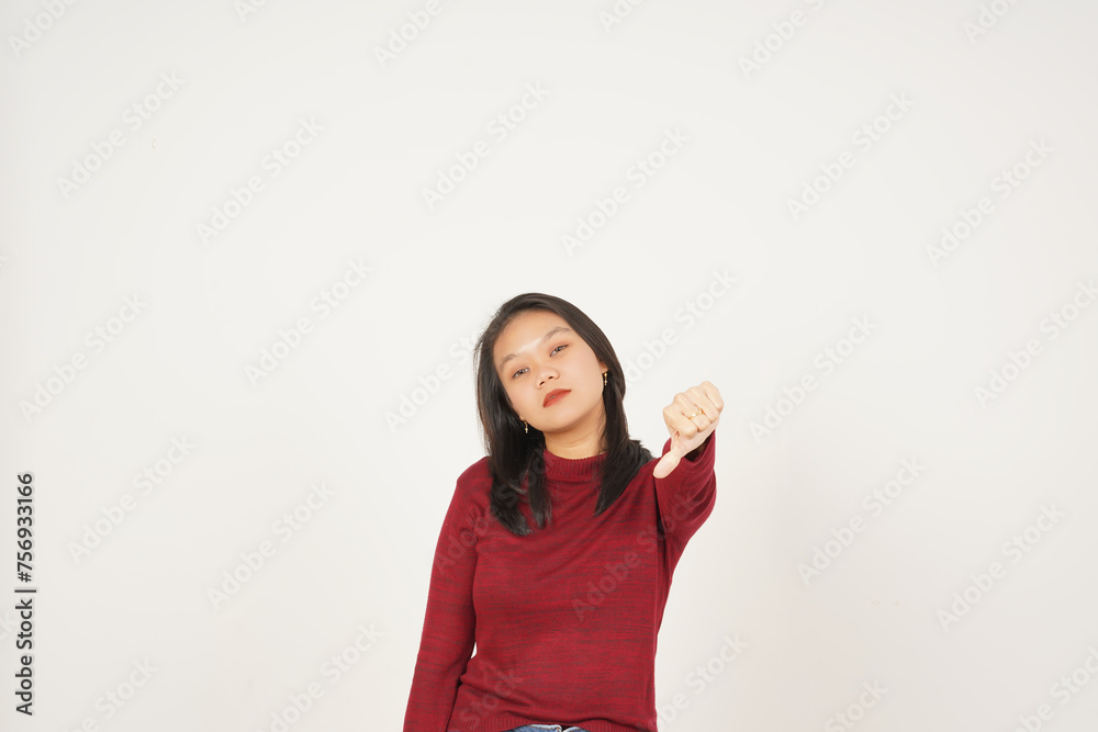Young Asian woman in Red t-shirt Showing Thumb Down, Disagree concept isolated on white background Young Asian woman in Red t-shirt Showing Thumb Down, Disagree concept isolated on white background