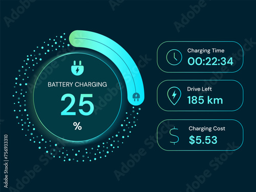 Electric Vehicle battery charging Status Dashboard Hologram Interface with icons Charging Time, Drive Left, Charging Cost vector design concept. EV car battery charging dashboard for ui, website, app.