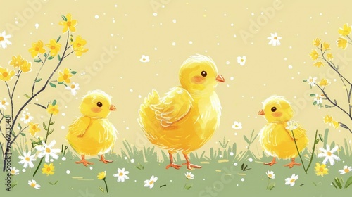 Easter chick and baby chicks, a charming and lively pattern doodle celebrating new life