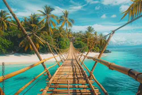 Obraz na płótnie beach with palm trees and bamboo pedestrian hanging bridge w salonie
