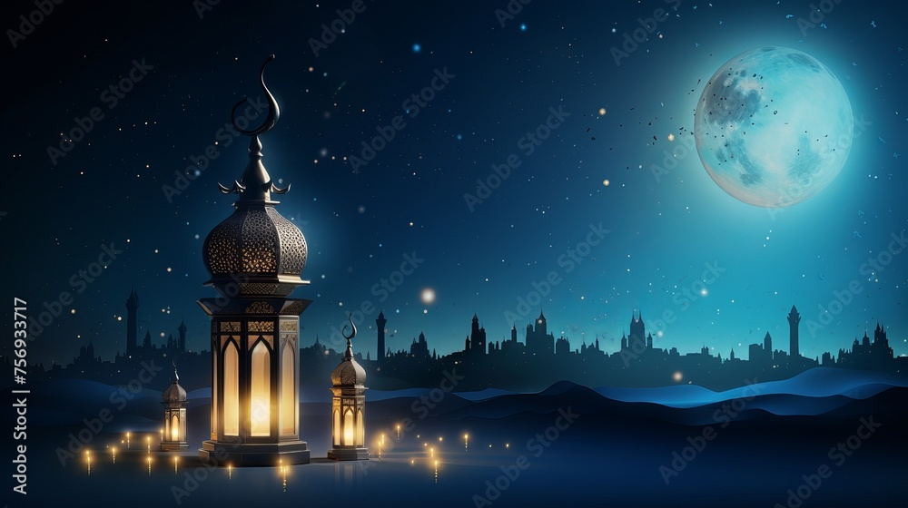 Islamic Eid Mubarak cards for Muslim holidays, set against a backdrop of Ramadan Kareem with a crescent moon and lanterns illuminating the sky.