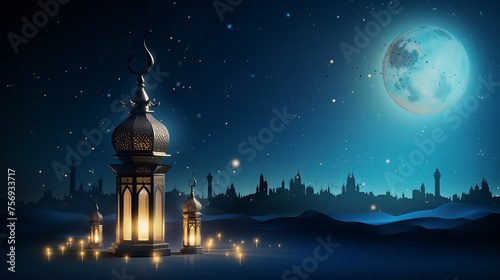 Islamic Eid Mubarak cards for Muslim holidays  set against a backdrop of Ramadan Kareem with a crescent moon and lanterns illuminating the sky.