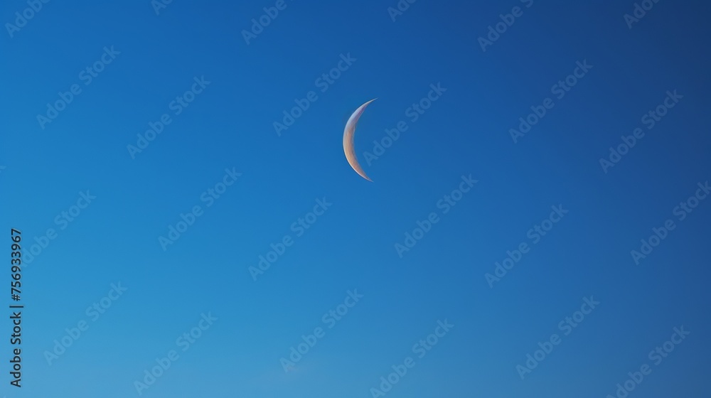 Morning serenity: a crescent moon against a clear blue sky, capturing the peacefulness of dawn. Morning serenity: a crescent moon against a clear blue sky, capturing the peacefulness of dawn.