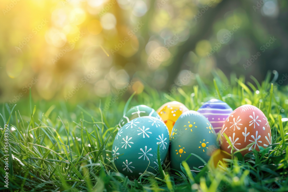 A collection of painted Easter eggs, celebrating a Happy Easter on a spring day. a green grass meadow with copy space. A collection of painted Easter eggs, celebrating a Happy Easter on a spring day. a green grass meadow with copy space.