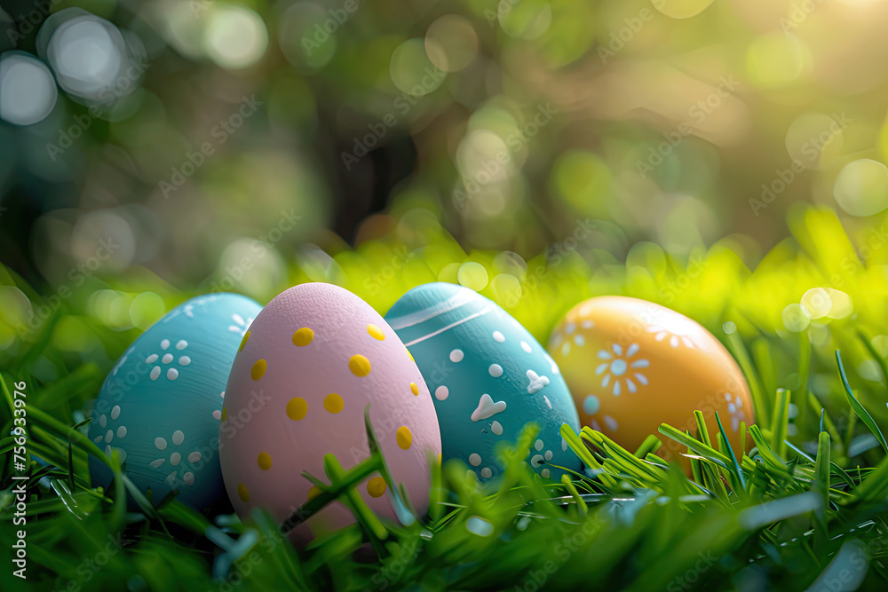 A collection of painted Easter eggs, celebrating a Happy Easter on a spring day. a green grass meadow with copy space. A collection of painted Easter eggs, celebrating a Happy Easter on a spring day. a green grass meadow with copy space.