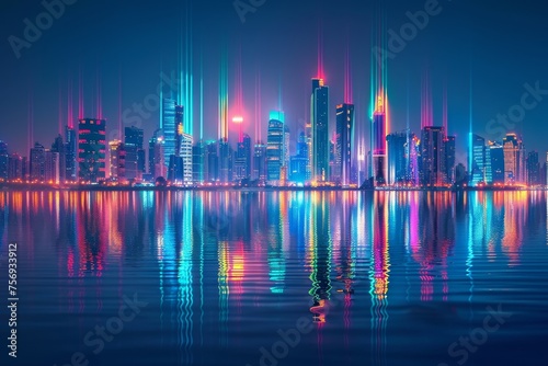 a neon skyline, reflecting on the water © mila103