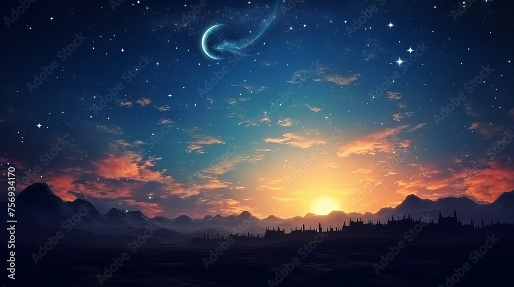 Nighttime sky adorned with stars and a moon, evoking the serene ambiance of an Islamic night.